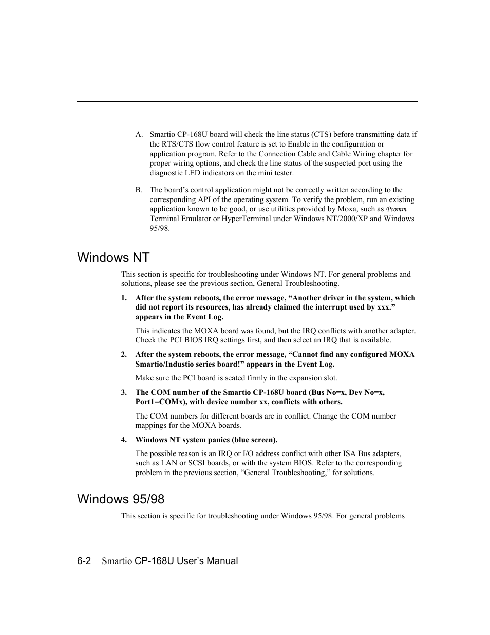 Windows nt, Windows 95/98, Windows nt -2 | Windows 95/98 -2 | Moxa Technologies CP-168U User Manual | Page 80 / 86