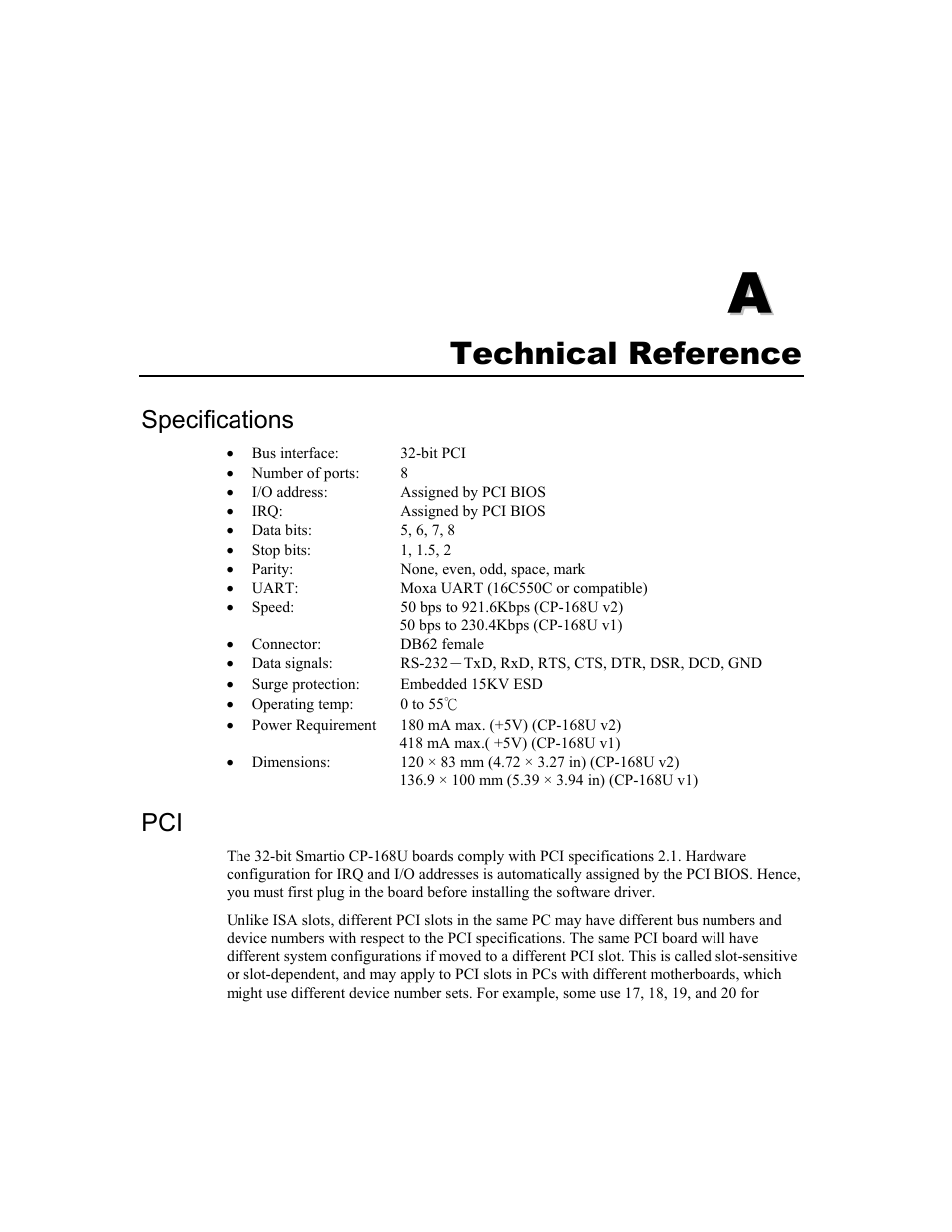 A. technical reference, Specifications | Moxa Technologies CP-168U User Manual | Page 83 / 86