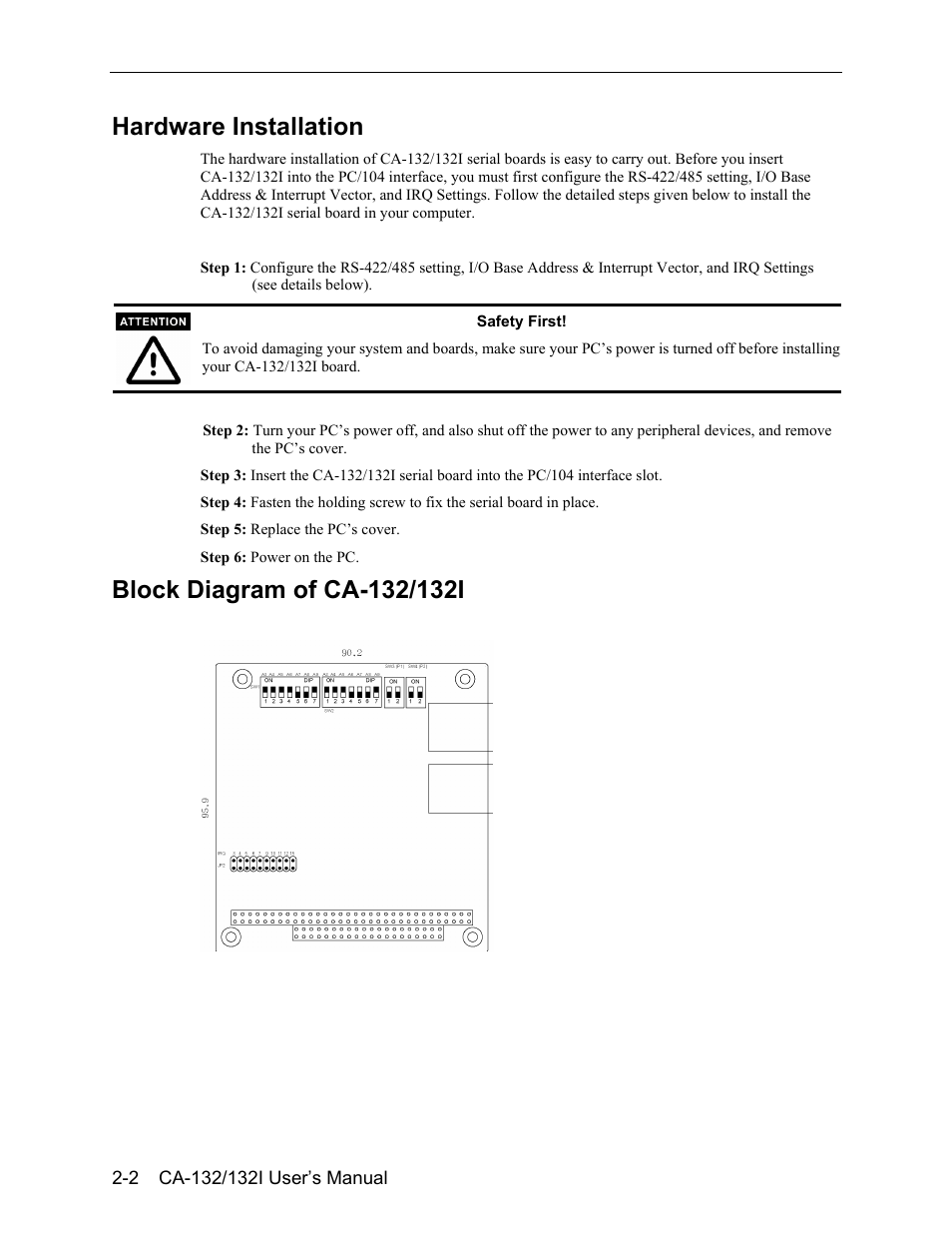 Hardware installation, Block diagram of ca-132/132i, Hardware installation -2 | Block diagram of ca-132/132i -2 | Moxa Technologies CA-132/132I User Manual | Page 10 / 49