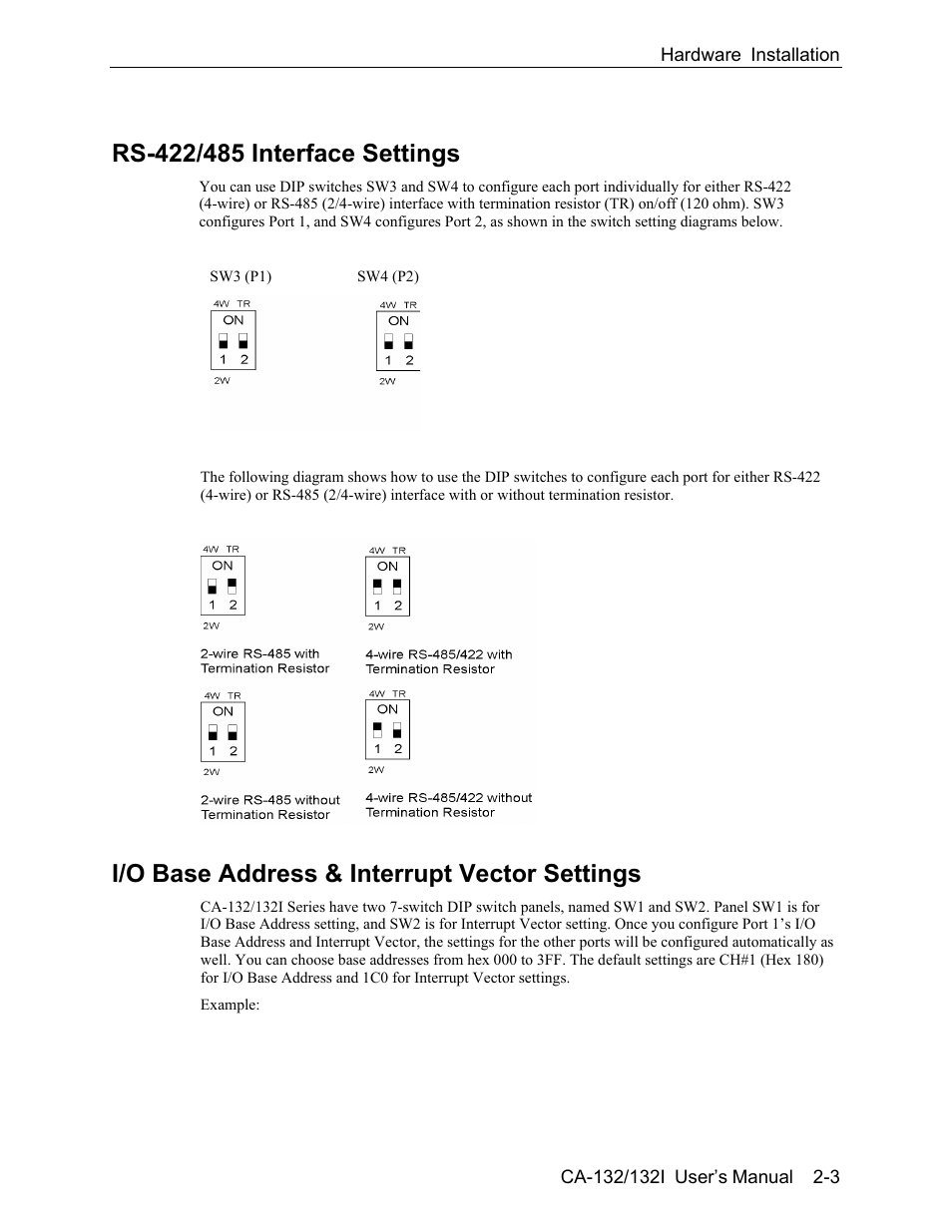 Rs-422/485 interface settings, I/o base address & interrupt vector settings, Rs-422/485 interface settings -3 | I/o base address & interrupt vector settings -3 | Moxa Technologies CA-132/132I User Manual | Page 11 / 49