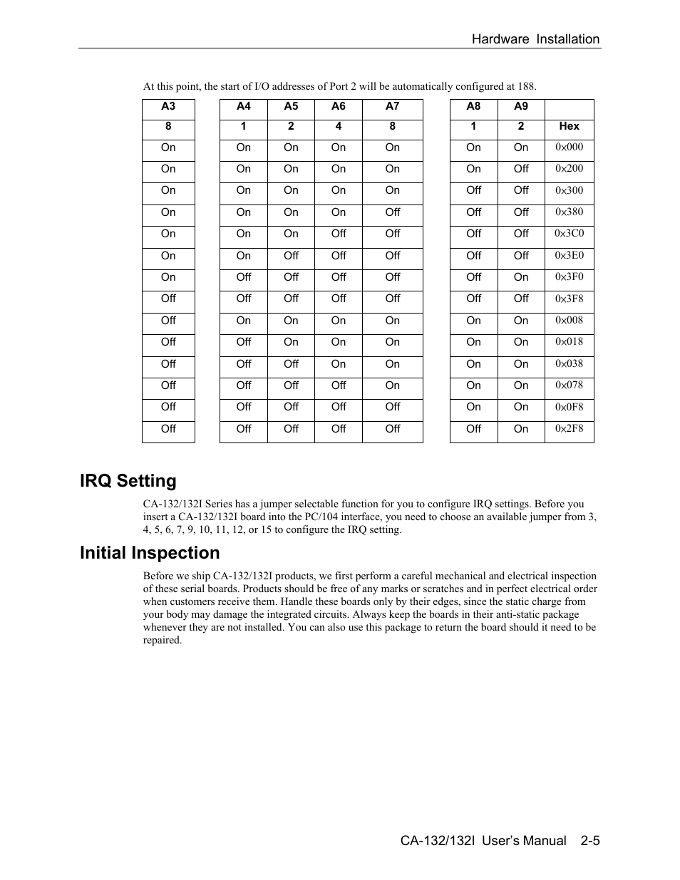 Irq setting, Initial inspection, Irq setting -5 | Initial inspection -5 | Moxa Technologies CA-132/132I User Manual | Page 13 / 49