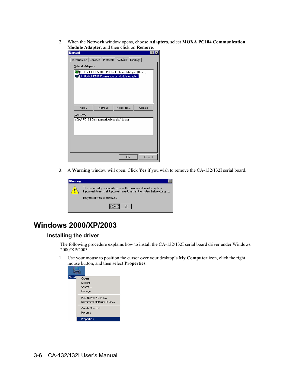 Windows 2000/xp/2003, Windows 2000/xp/2003 -6 | Moxa Technologies CA-132/132I User Manual | Page 20 / 49