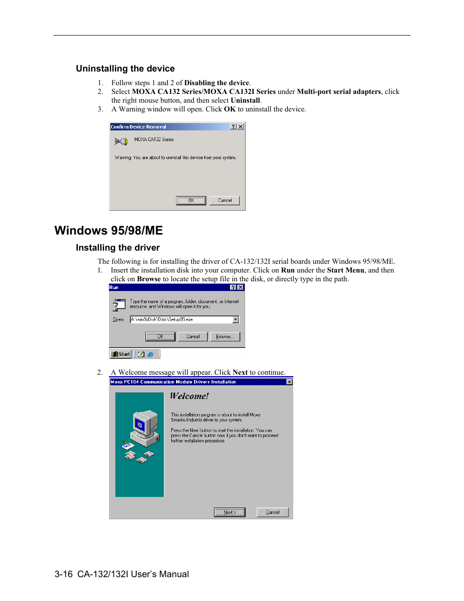 Windows 95/98/me, Windows 95/98/me -16 | Moxa Technologies CA-132/132I User Manual | Page 30 / 49