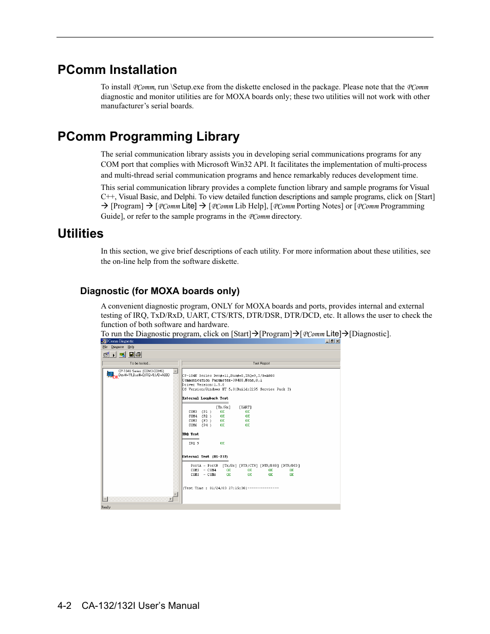 Pcomm installation, Pcomm programming library, Utilities | Pcomm installation -2, Pcomm programming library -2, Utilities -2 | Moxa Technologies CA-132/132I User Manual | Page 42 / 49