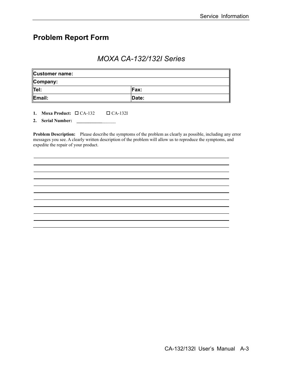 Problem report form | Moxa Technologies CA-132/132I User Manual | Page 47 / 49