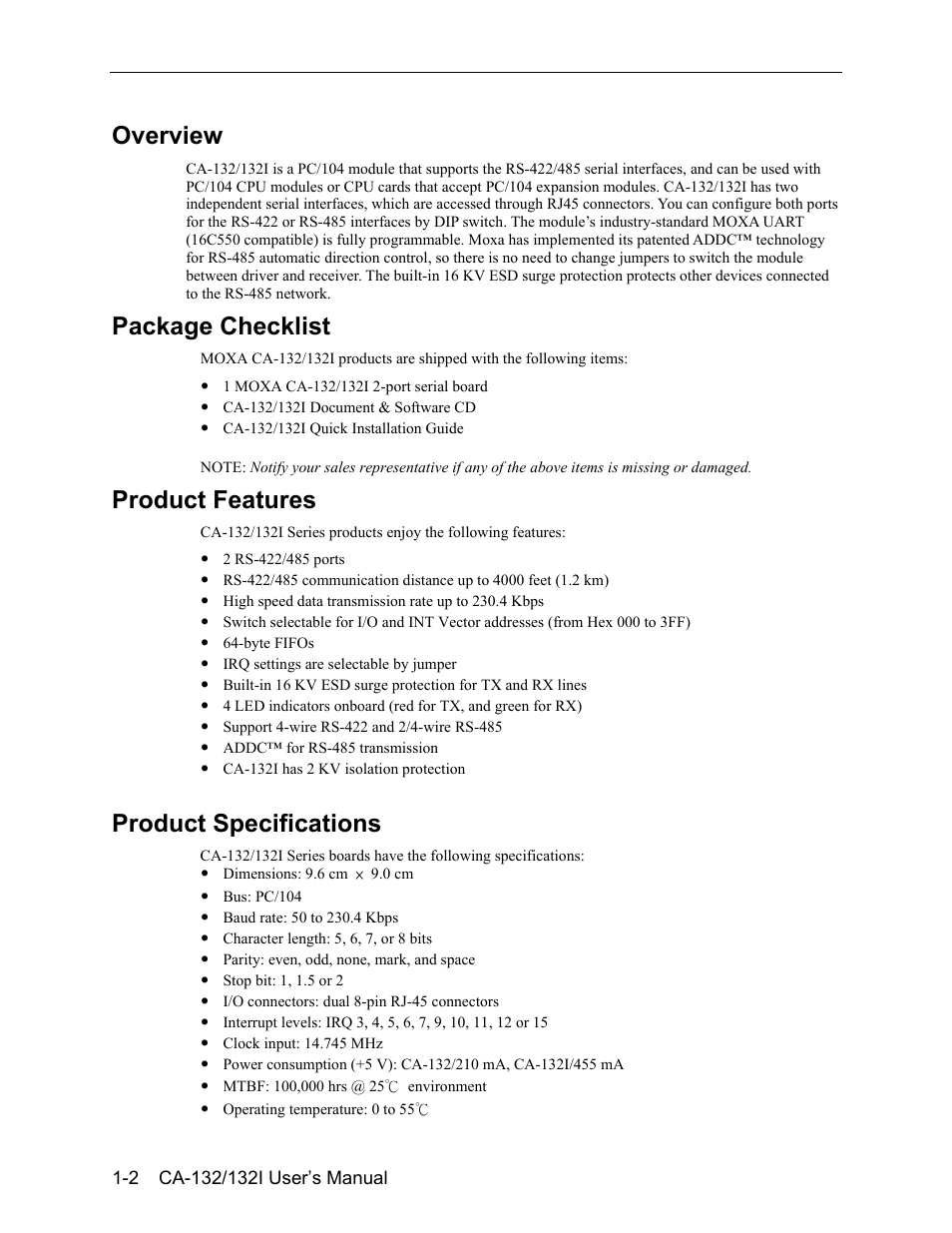 Overview, Package checklist, Product features | Product specifications, Overview -2, Package checklist -2, Product features -2, Product specifications -2 | Moxa Technologies CA-132/132I User Manual | Page 6 / 49