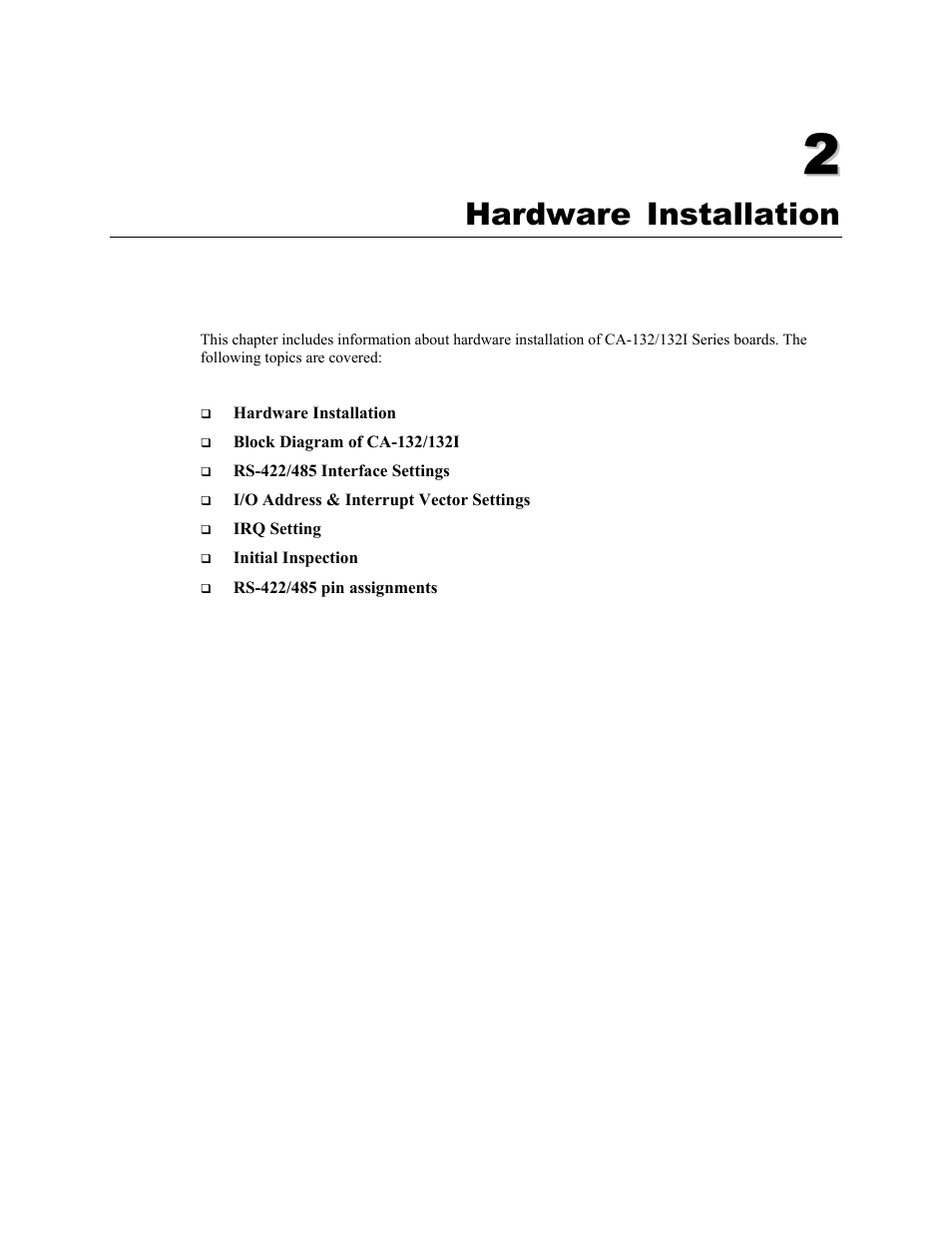 Hardware installation, Chapter 2, Hardware installation -1 | Moxa Technologies CA-132/132I User Manual | Page 9 / 49