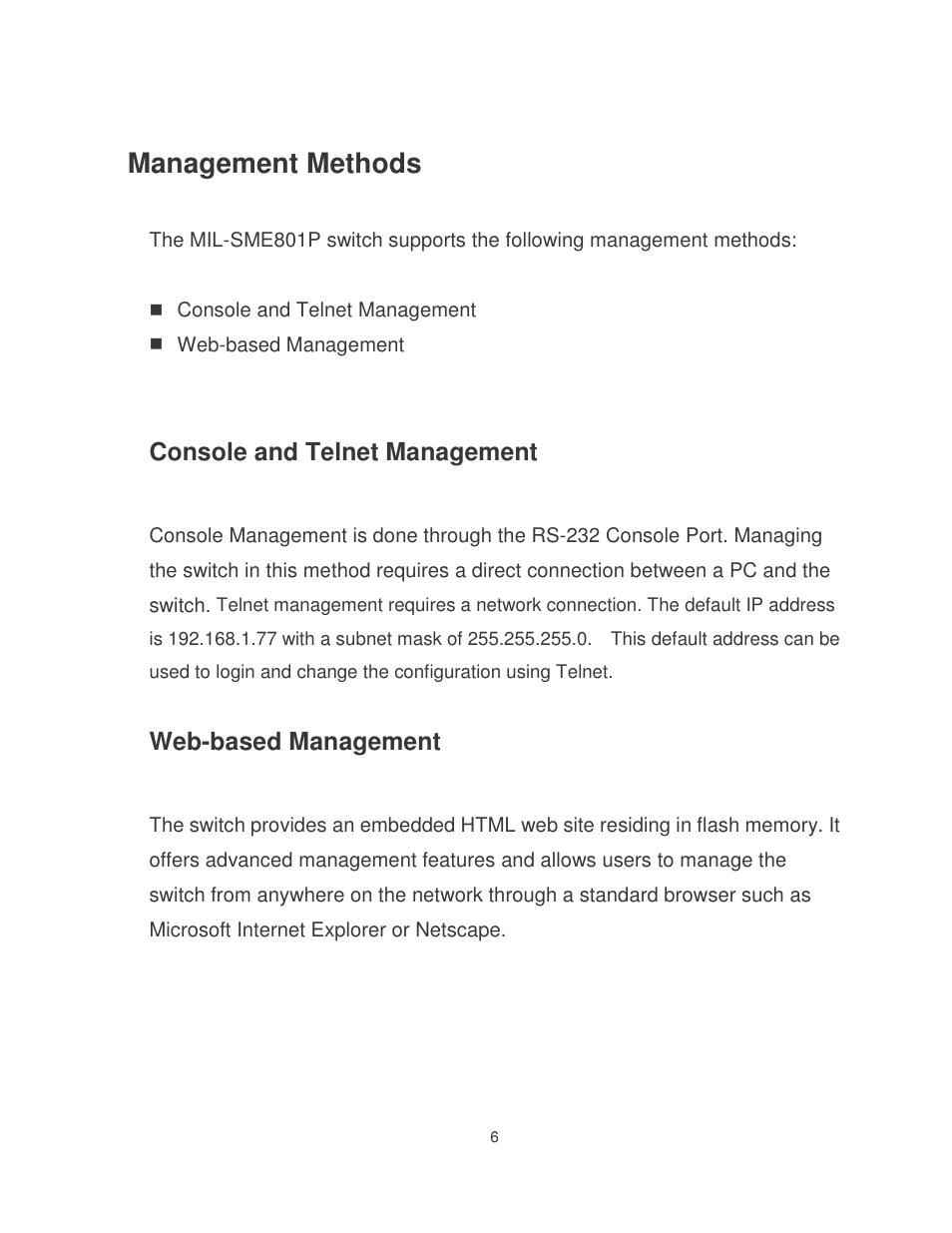 Management methods, Console and telnet management, Web-based management | Milan Technology MIL-SME801P User Manual | Page 12 / 155