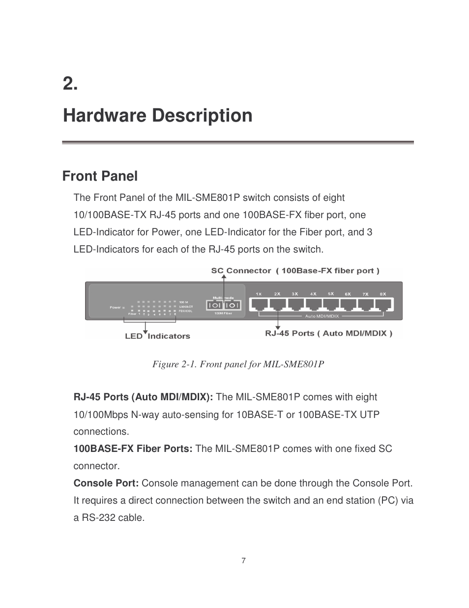 Hardware description, Front panel | Milan Technology MIL-SME801P User Manual | Page 13 / 155