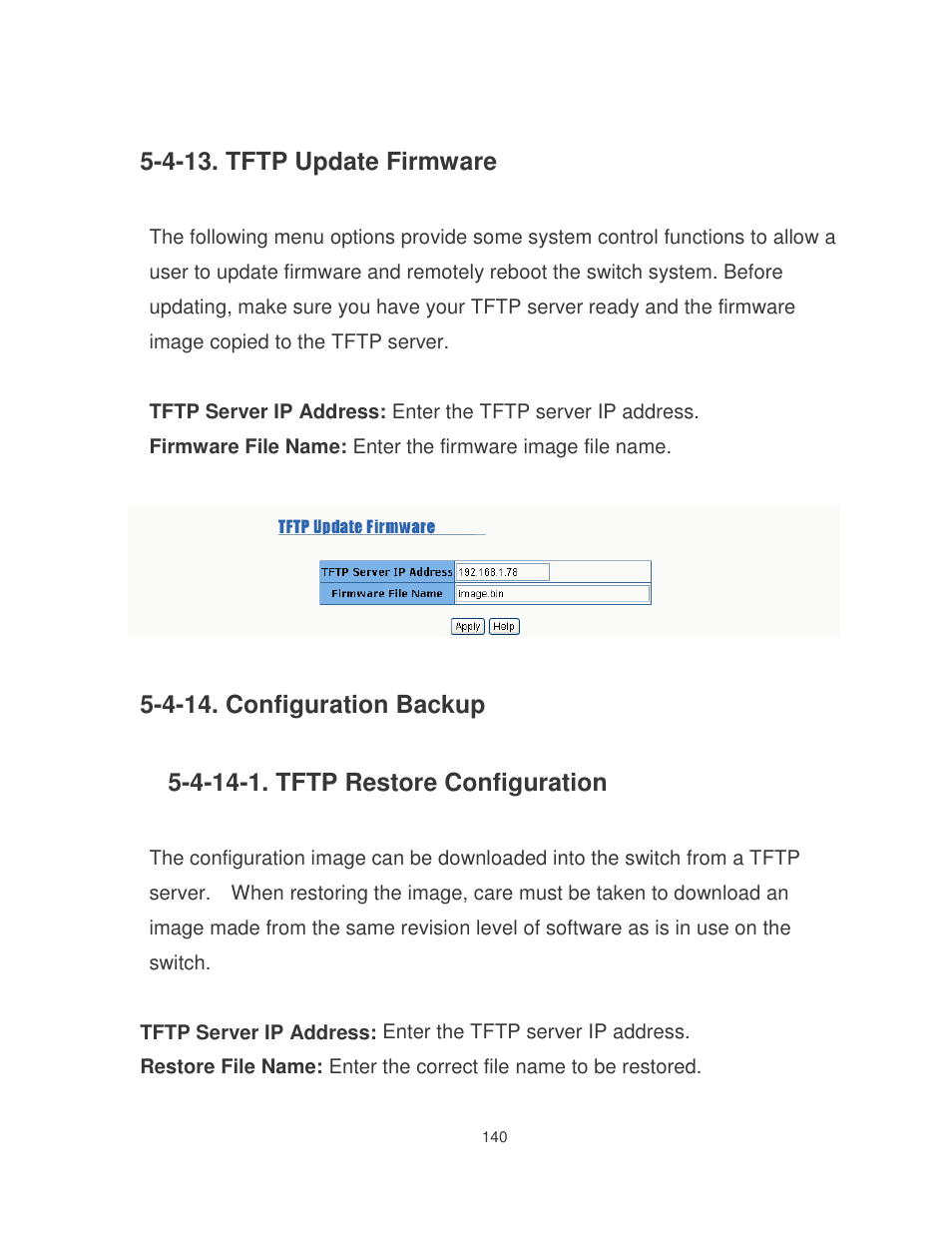 4-13. tftp update firmware, 4-14. configuration backup, 4-14-1. tftp restore configuration | Milan Technology MIL-SME801P User Manual | Page 146 / 155