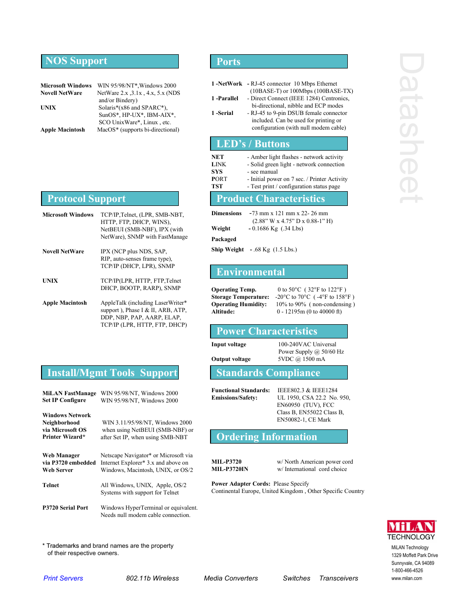 Datasheet, Ports, Product characteristics | Environmental, Power characteristics, Standards compliance, Ordering information, Led’s / buttons, Nos support, Protocol support install/mgmt tools support | Milan Technology MIL-P3720 User Manual | Page 2 / 2