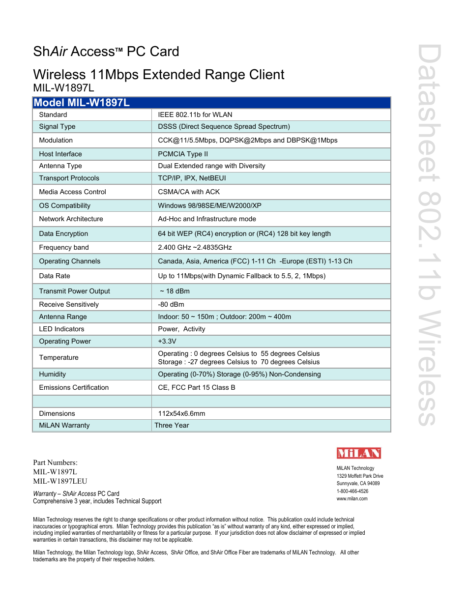 Sh air access, Pc card wireless 11mbps extended range client, Mil-w1897l | Model mil-w1897l | Milan Technology SHAIR ACCESS MIL-W1897L User Manual | Page 2 / 2