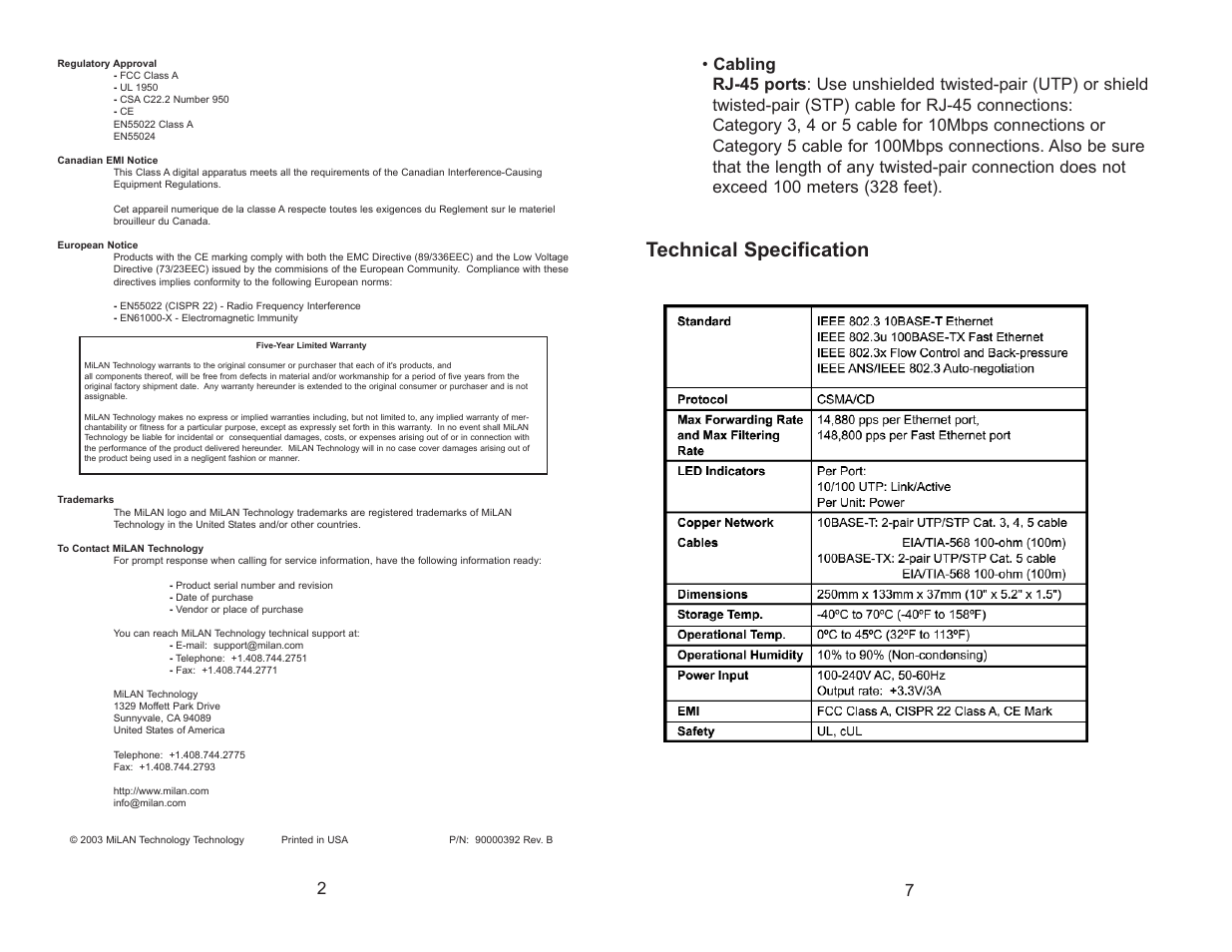 Technical specification | Milan Technology MIL-S1600S User Manual | Page 2 / 4
