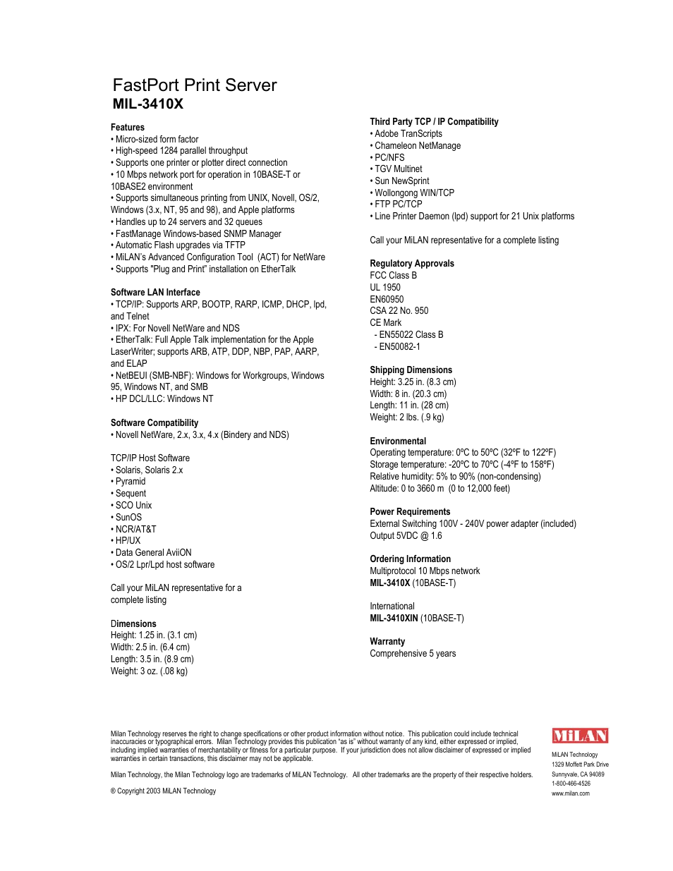 Fastport print server, Mil-3410x | Milan Technology FastPort MIL-3410X User Manual | Page 2 / 2