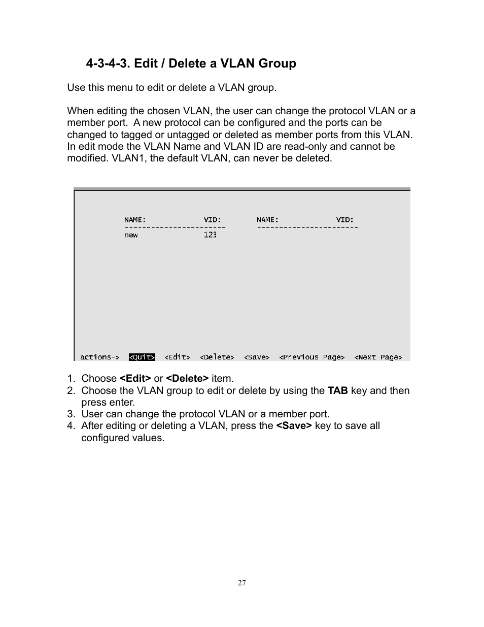 3-4-3. edit/delete a vlan group, 3-4-3. edit / delete a vlan group | Milan Technology MIL-SM808G User Manual | Page 31 / 88