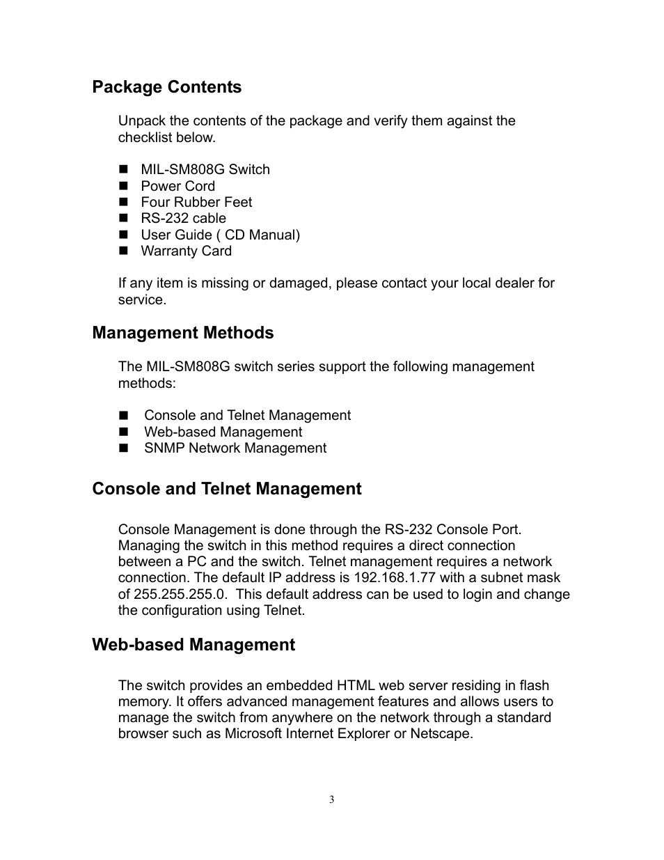 Package contents, Management methods, Console and telnet management | Web-based management | Milan Technology MIL-SM808G User Manual | Page 7 / 88