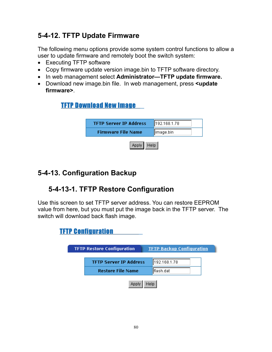 4-12. tftp update firmware, 4-13. configuration backup, 4-13-1. tftp restore configuration | Milan Technology MIL-SM808G User Manual | Page 84 / 88