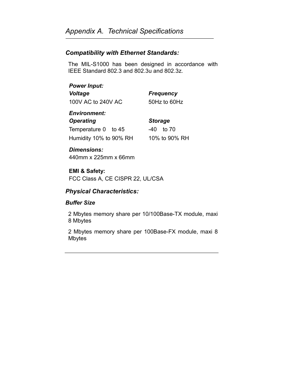 Appendix a. technical specifications | Milan Technology MIL-S1000 User Manual | Page 39 / 42