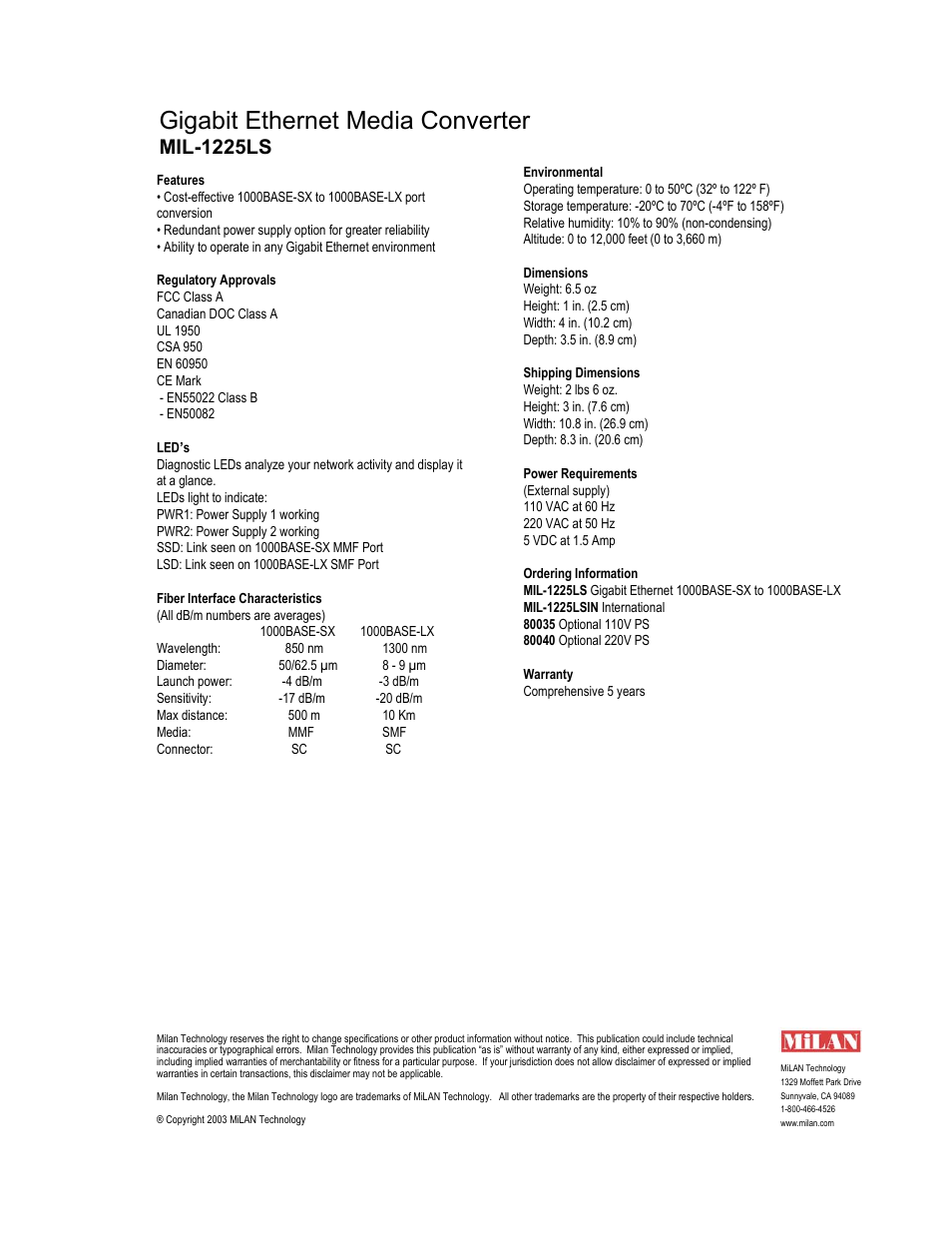 Gigabit ethernet media converter, Mil-1225ls | Milan Technology GIGABIT ETHERNET MEDIA CONVERTER MIL-1225LS User Manual | Page 2 / 2