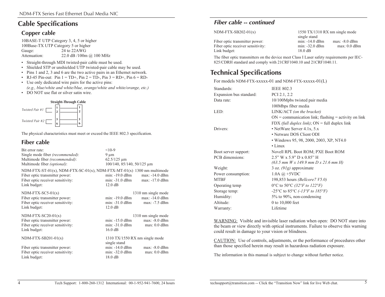 Cable specifications, Technical specifications, Fiber cable | Copper cable, Fiber cable -- continued | Milan Technology NDM-FTX-XX-01 User Manual | Page 3 / 5