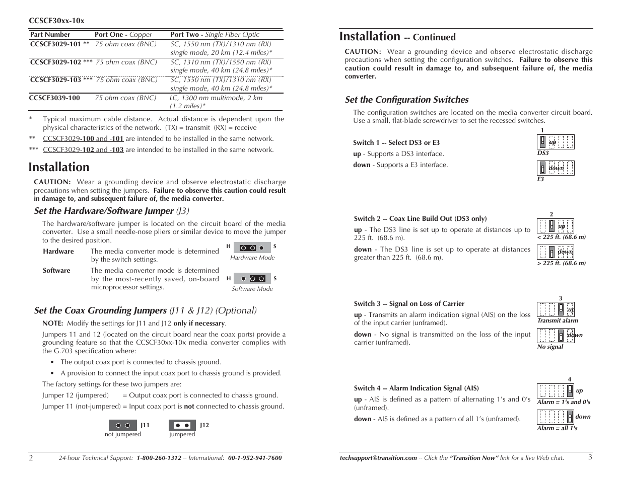 Installation, Set the hardware/software jumper (j3), Continued | Set the configuration switches | Milan Technology CCSF30XX-100 User Manual | Page 2 / 7