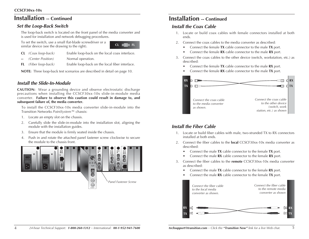 Installation, Install the slide-in-module, Lks pwr lkm lks pwr lkm | Term init rx tx lnk pwr, Continued set the loop-back switch, Continued install the coax cable, Install the fiber cable | Milan Technology CCSF30XX-100 User Manual | Page 3 / 7