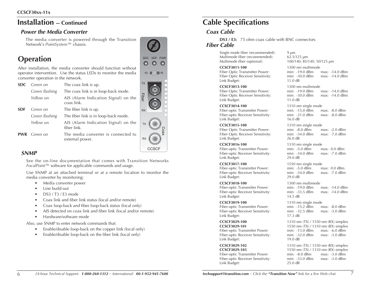 Operation, Installation, Cable specifications | Snmp, Continued power the media converter, Coax cable, Fiber cable | Milan Technology CCSF30XX-100 User Manual | Page 4 / 7