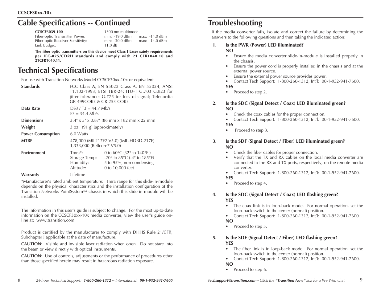 Cable specifications -- continued, Technical specifications, Troubleshooting | Milan Technology CCSF30XX-100 User Manual | Page 5 / 7