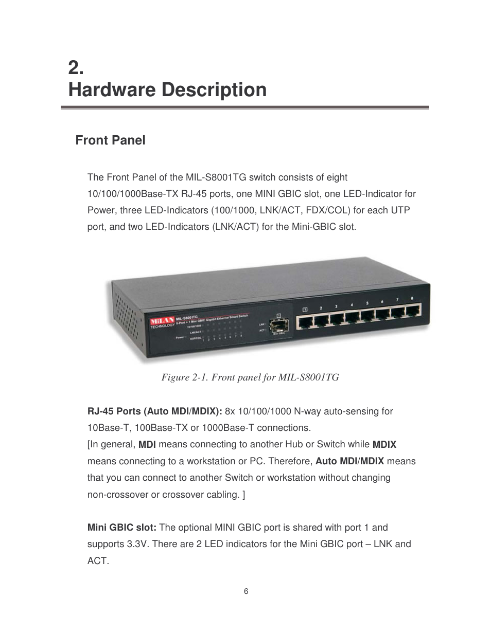 Hardware description, Front panel | Milan Technology MIL-S8001TG User Manual | Page 10 / 39