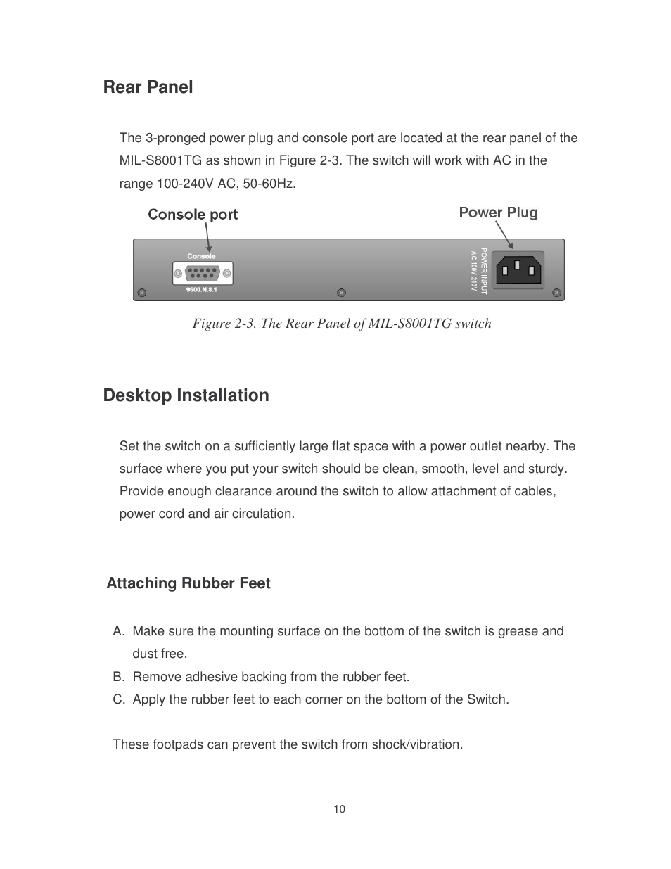 Rear panel, Desktop installation | Milan Technology MIL-S8001TG User Manual | Page 14 / 39