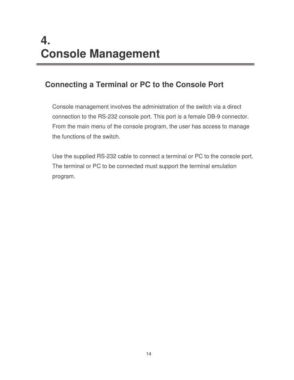 Console management, Connecting a terminal or pc to the console port | Milan Technology MIL-S8001TG User Manual | Page 18 / 39