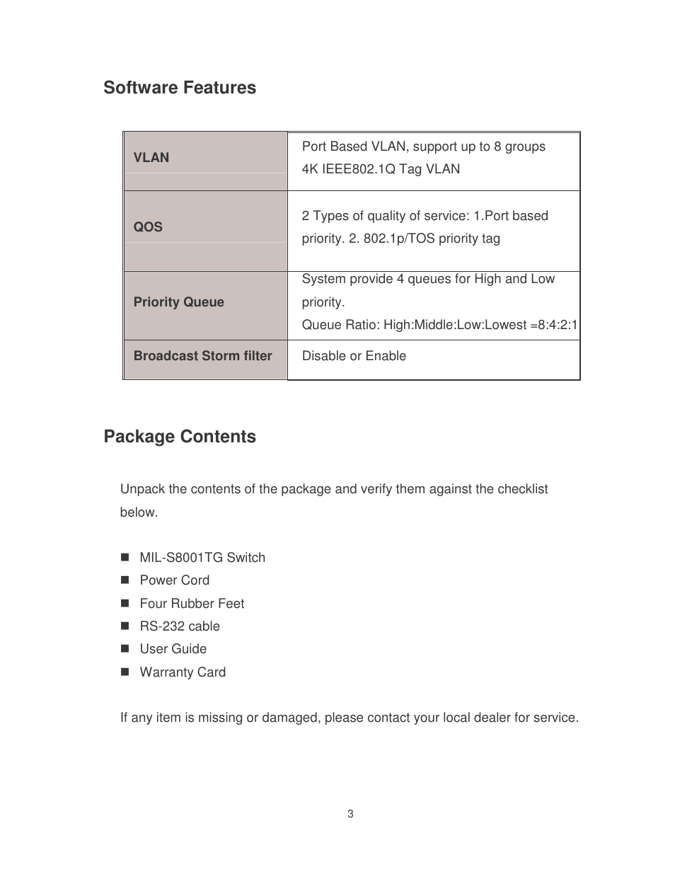 Software features, Package contents | Milan Technology MIL-S8001TG User Manual | Page 7 / 39
