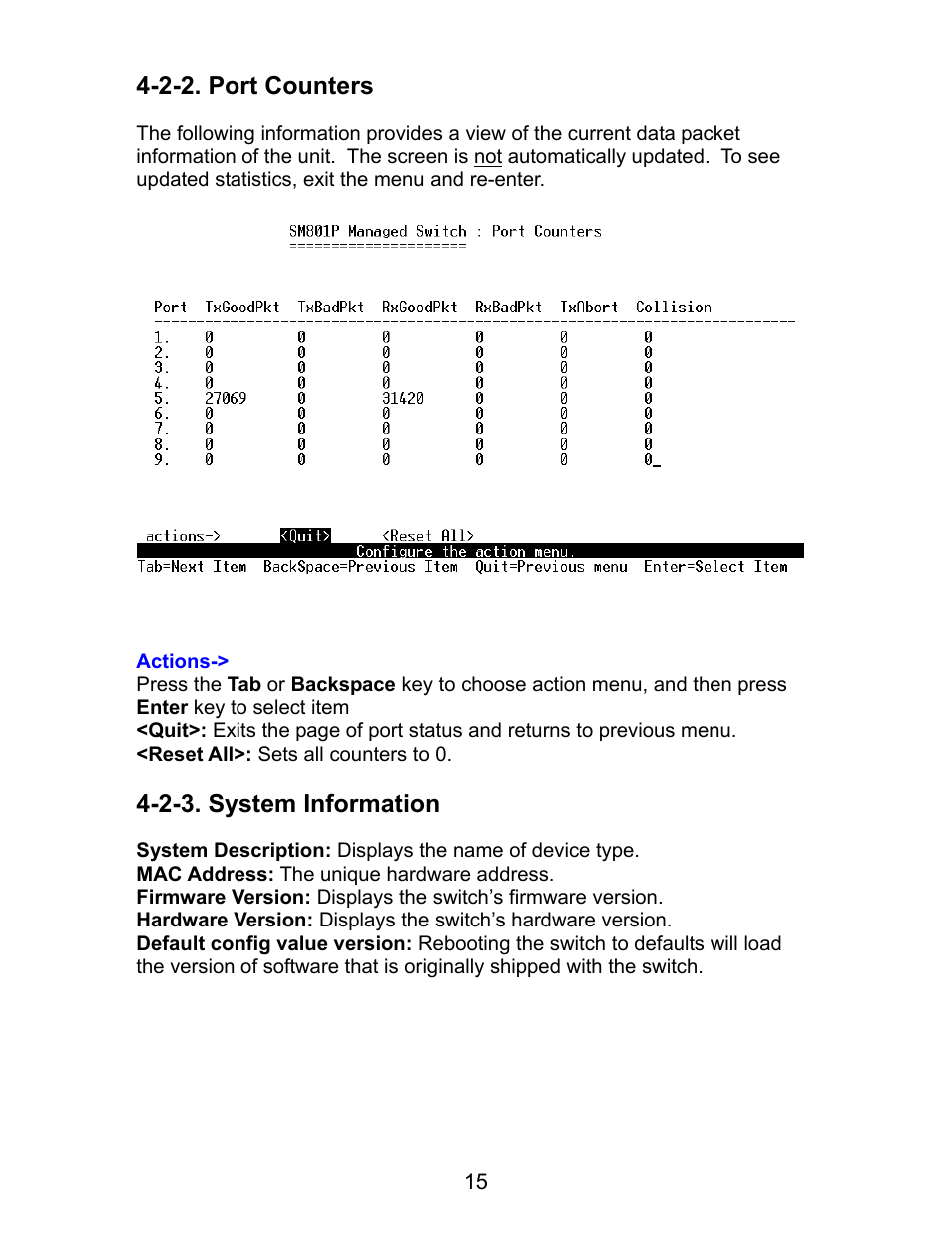 2-2. port counters, 2-3. system information, 2-2. port counters 4-2-3. system information | Milan Technology MIL-SM801P User Manual | Page 19 / 88