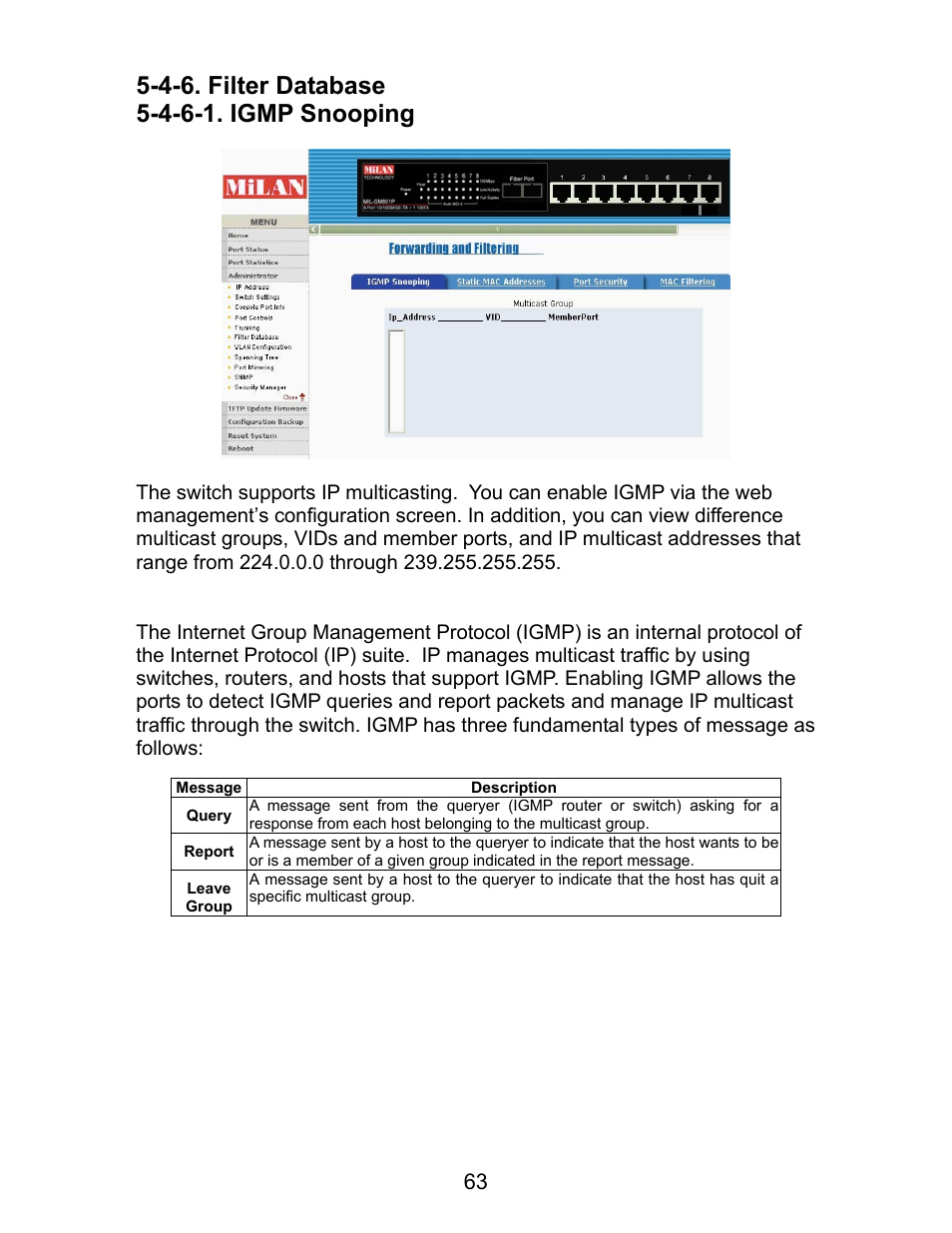 4-6. filter database, 4-6-1. igmp snooping | Milan Technology MIL-SM801P User Manual | Page 67 / 88