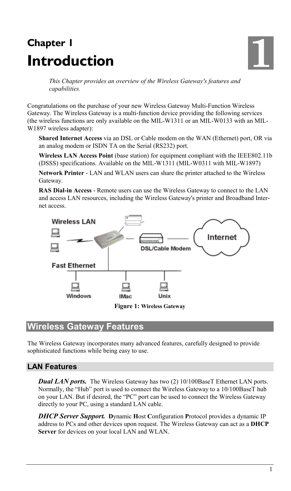 Chapter 1 introduction, Wireless gateway features, Introduction | Chapter 1 | Milan Technology MIL-W0311 User Manual | Page 4 / 100