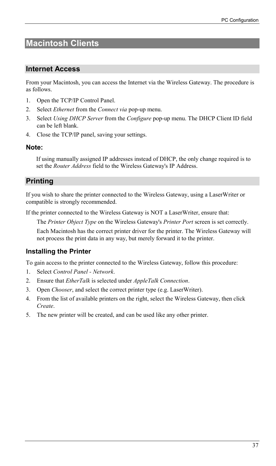 Macintosh clients, Internet access, Printing | Milan Technology MIL-W0311 User Manual | Page 40 / 100