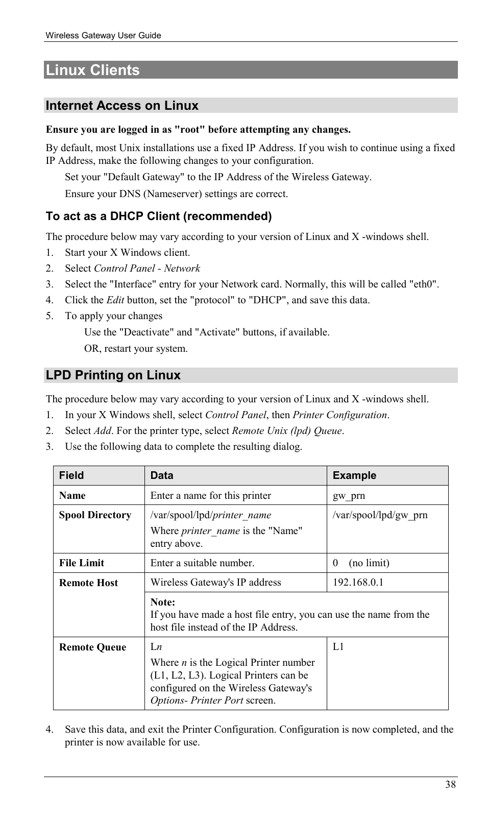 Linux clients, Internet access on linux, Lpd printing on linux | Milan Technology MIL-W0311 User Manual | Page 41 / 100