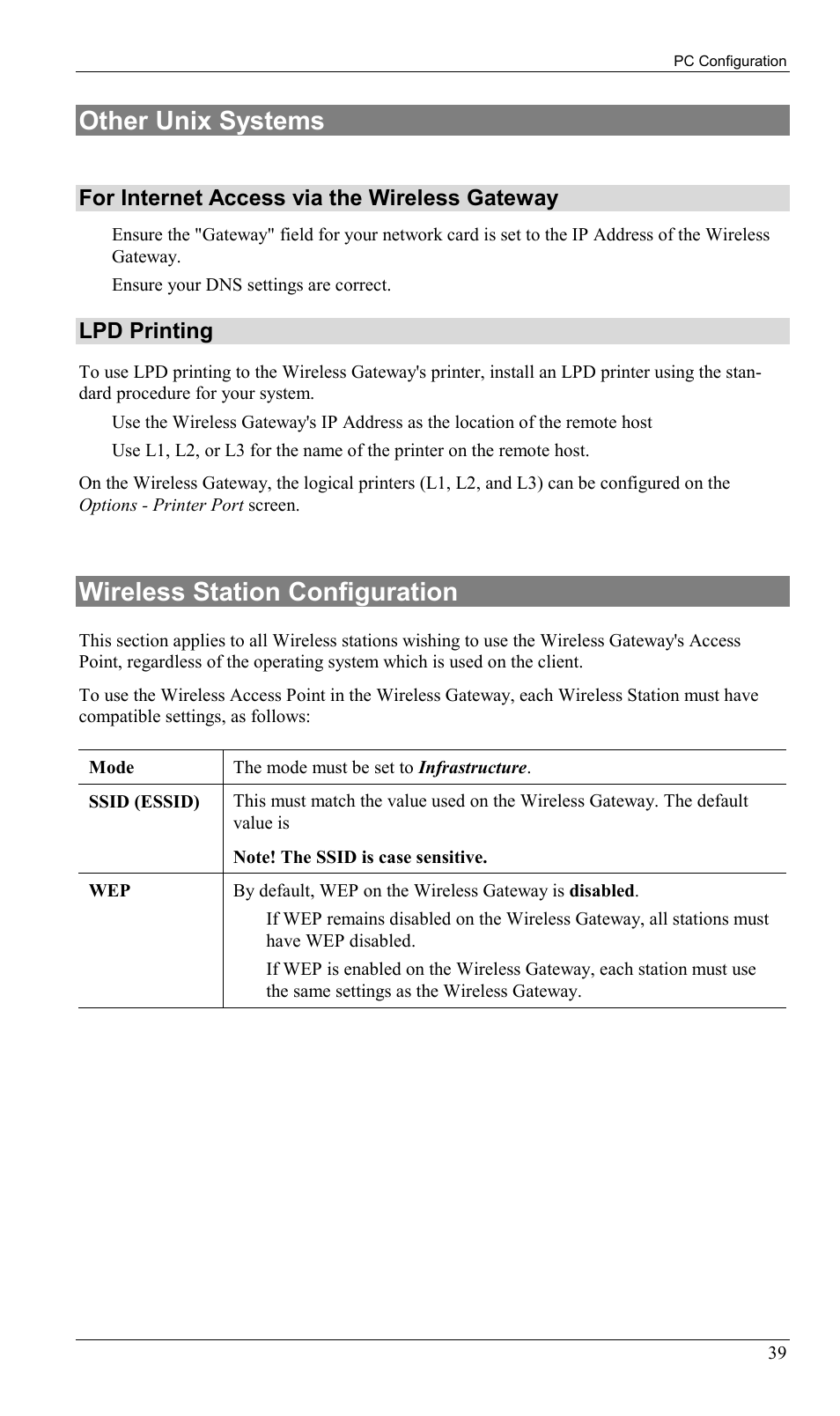 Other unix systems, Wireless station configuration, Other unix systems wireless station configuration | For internet access via the wireless gateway, Lpd printing | Milan Technology MIL-W0311 User Manual | Page 42 / 100