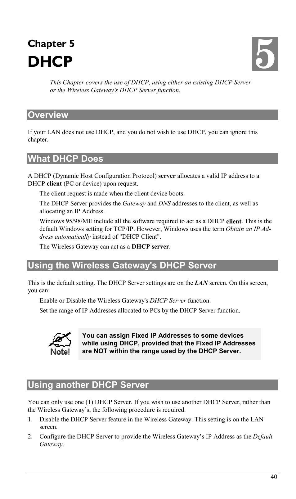 Chapter 5 dhcp, Overview, What dhcp does | Using the wireless gateway's dhcp server, Using another dhcp server, Dhcp, Chapter 5 | Milan Technology MIL-W0311 User Manual | Page 43 / 100