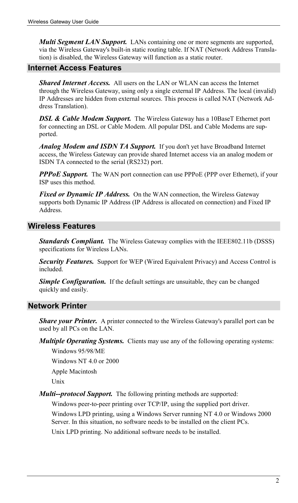 Internet access features, Wireless features, Network printer | Milan Technology MIL-W0311 User Manual | Page 5 / 100