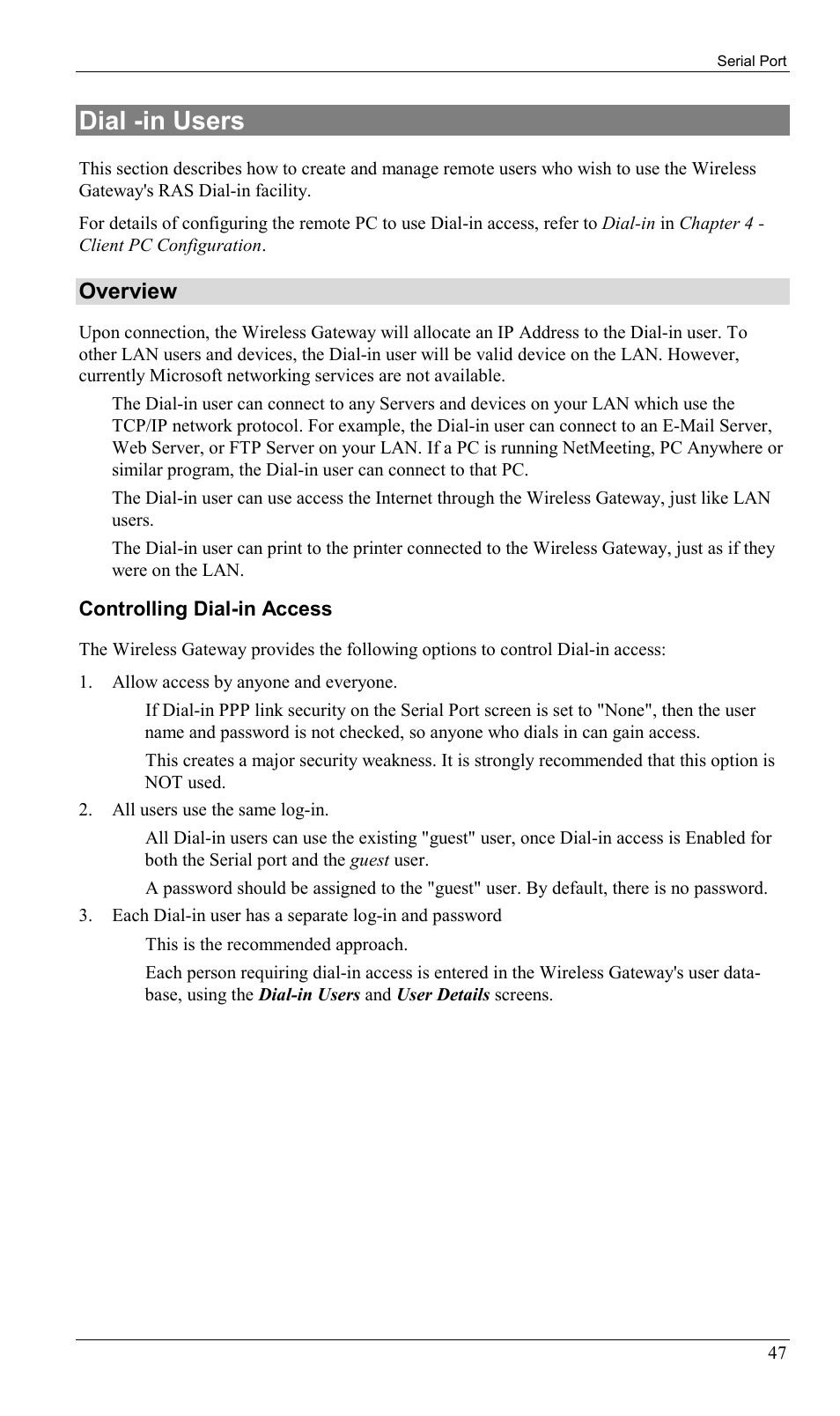 Dial -in users, Overview | Milan Technology MIL-W0311 User Manual | Page 50 / 100