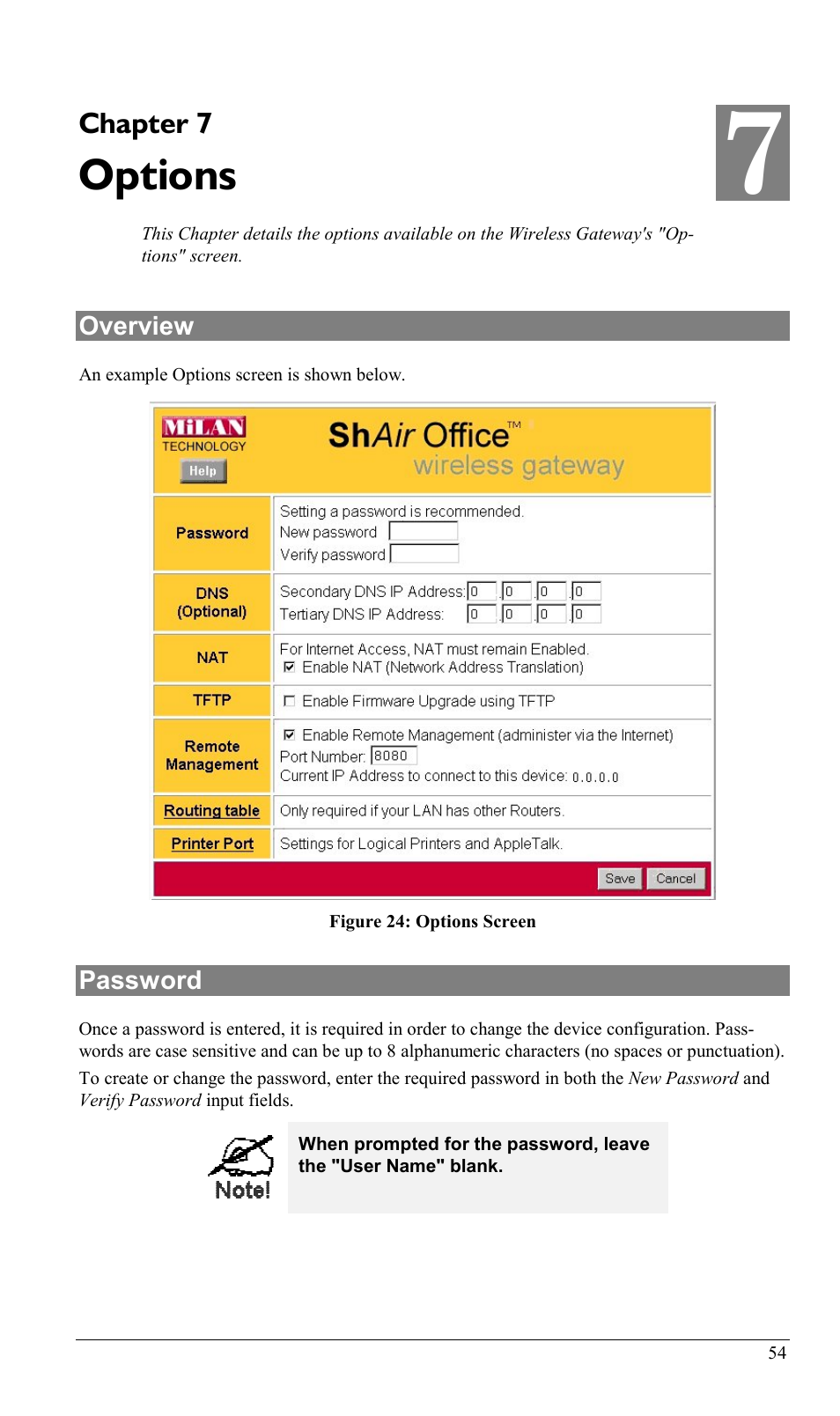 Chapter 7 options, Overview, Password | Overview password, Options | Milan Technology MIL-W0311 User Manual | Page 57 / 100