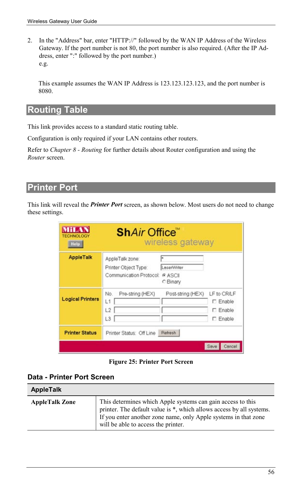 Routing table, Printer port, Routing table printer port | Milan Technology MIL-W0311 User Manual | Page 59 / 100