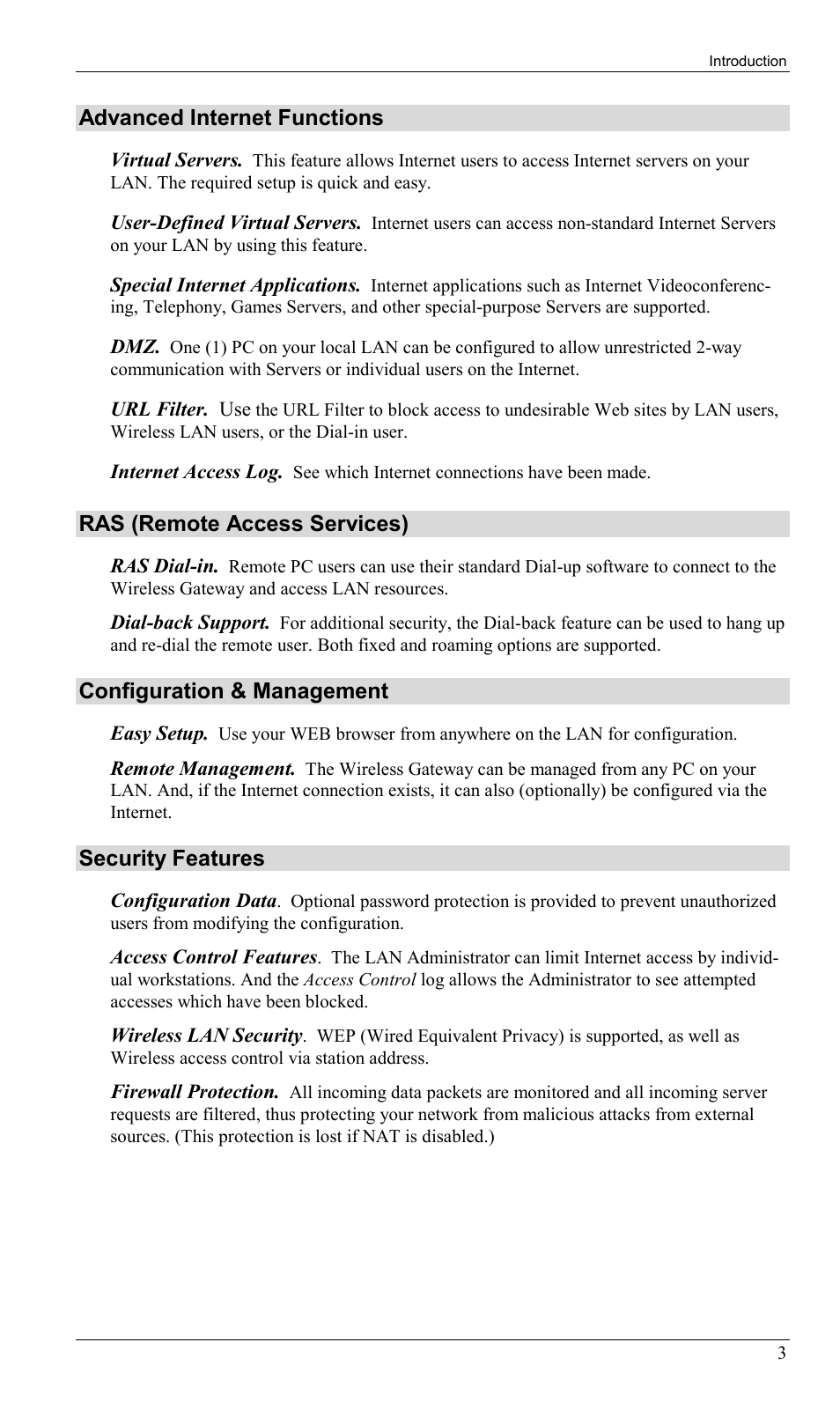 Advanced internet functions, Ras (remote access services), Configuration & management | Security features | Milan Technology MIL-W0311 User Manual | Page 6 / 100