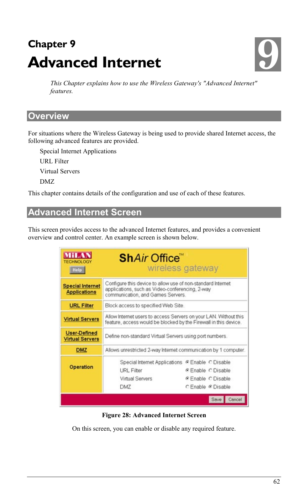 Chapter 9 advanced internet, Overview, Advanced internet screen | Overview advanced internet screen, Advanced internet, Chapter 9 | Milan Technology MIL-W0311 User Manual | Page 65 / 100