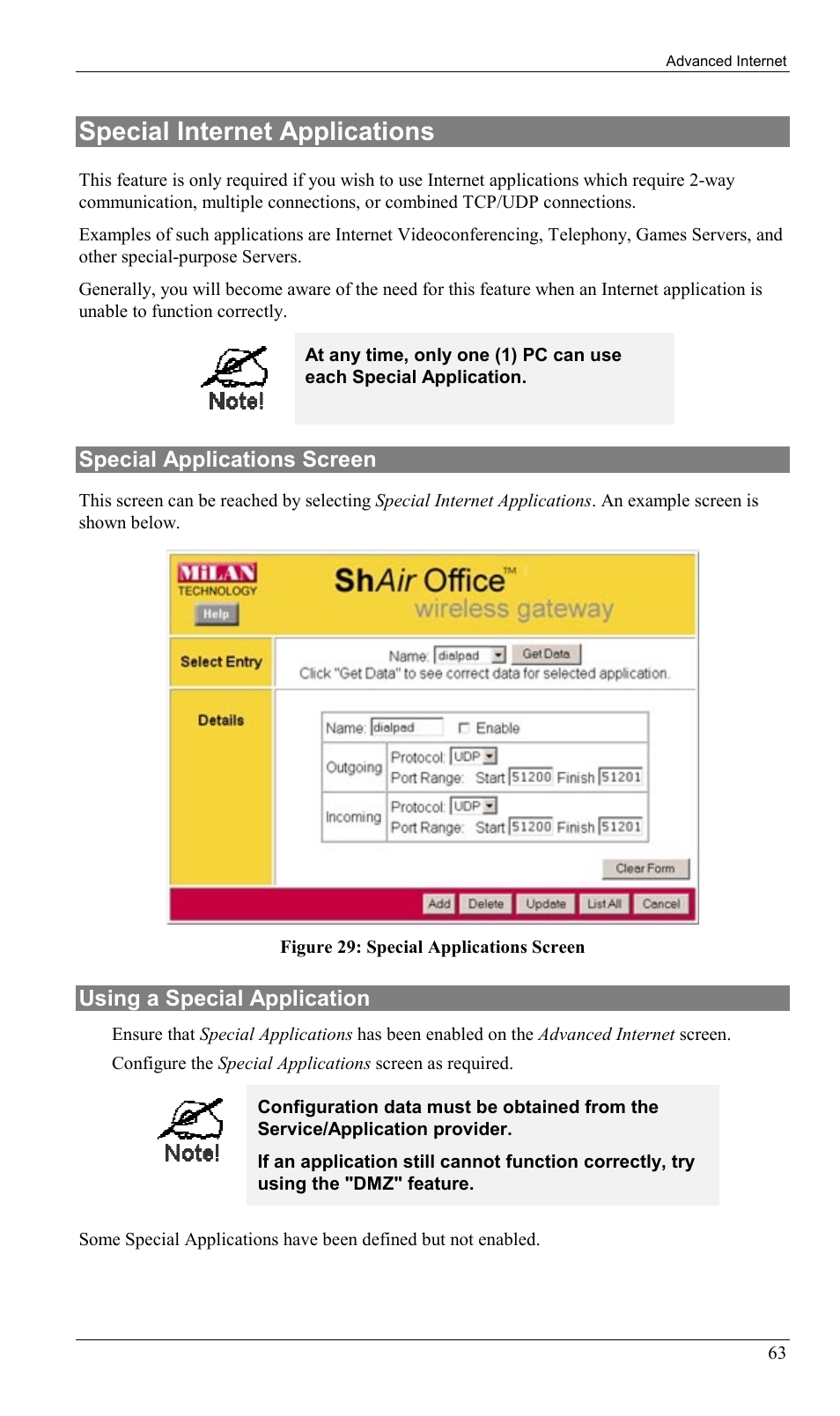 Special internet applications, Special applications screen, Using a special application | Milan Technology MIL-W0311 User Manual | Page 66 / 100