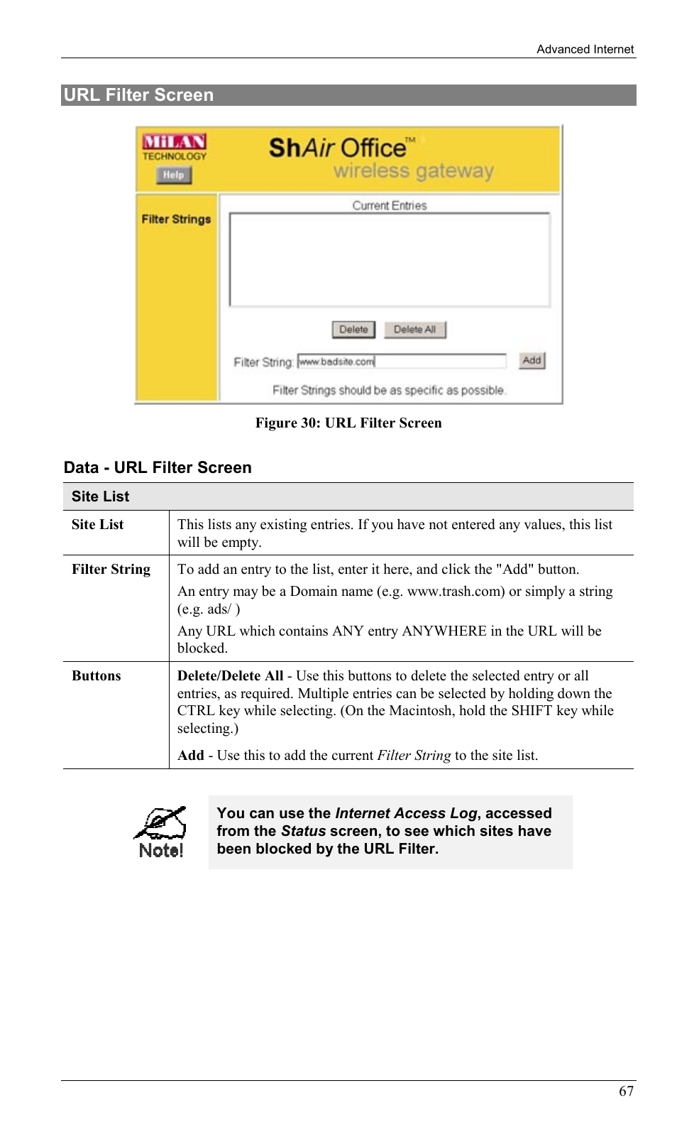 Url filter screen | Milan Technology MIL-W0311 User Manual | Page 70 / 100