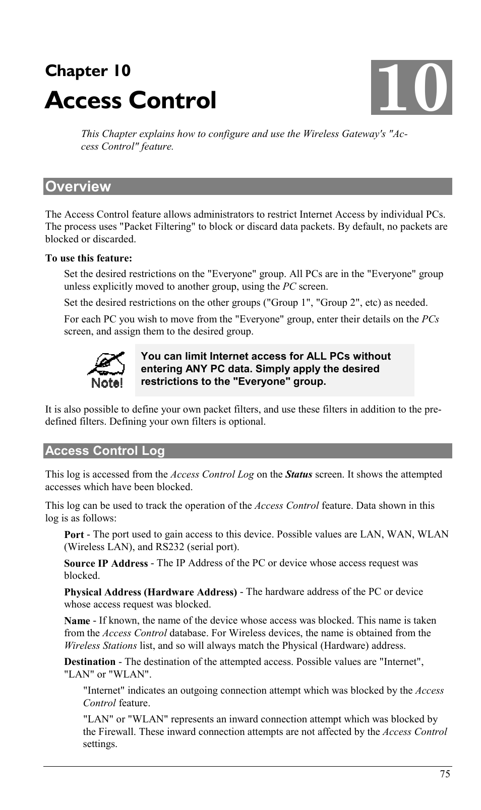 Chapter 10 access control, Overview, Access control | Chapter 10 | Milan Technology MIL-W0311 User Manual | Page 78 / 100