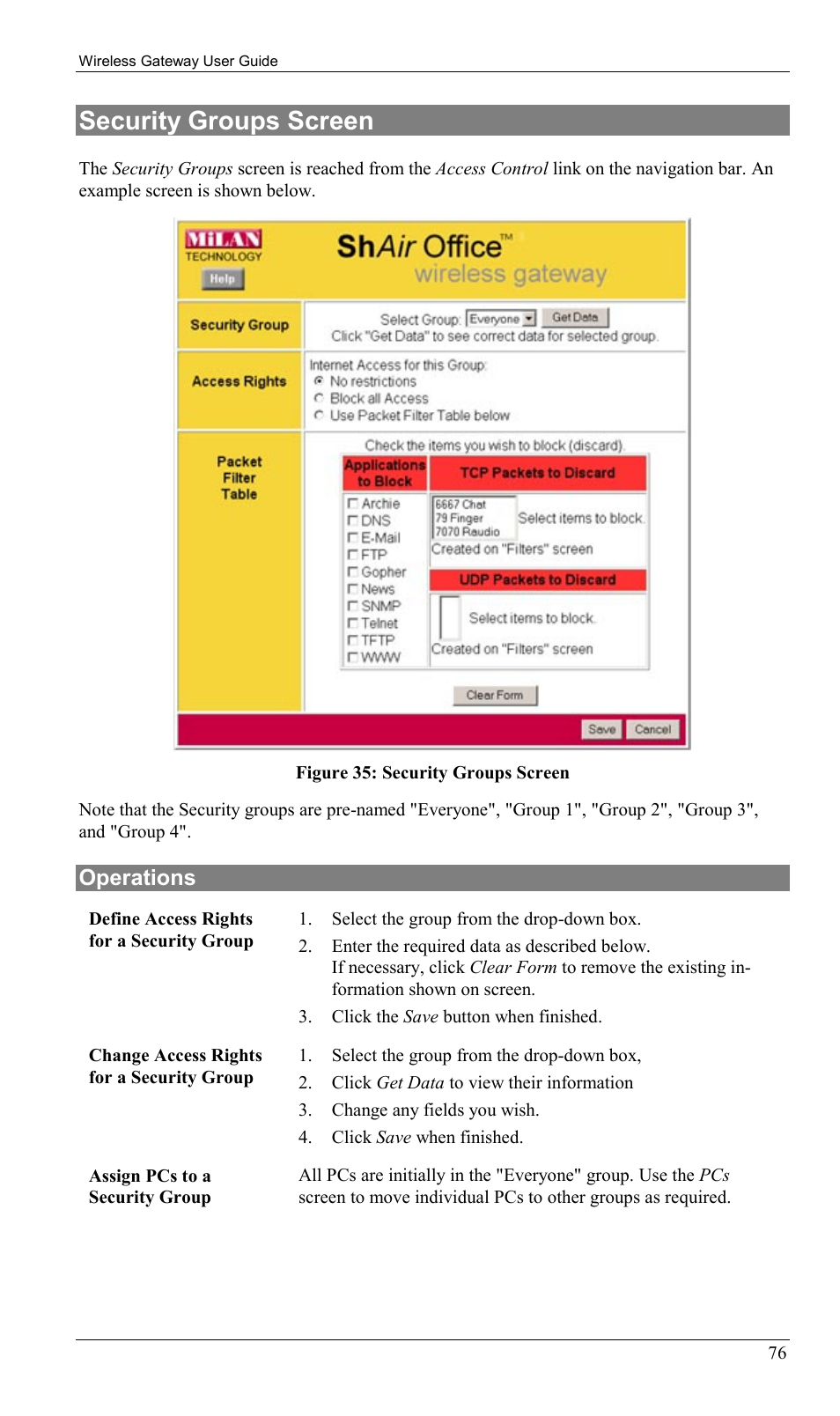 Security groups screen, Operations | Milan Technology MIL-W0311 User Manual | Page 79 / 100