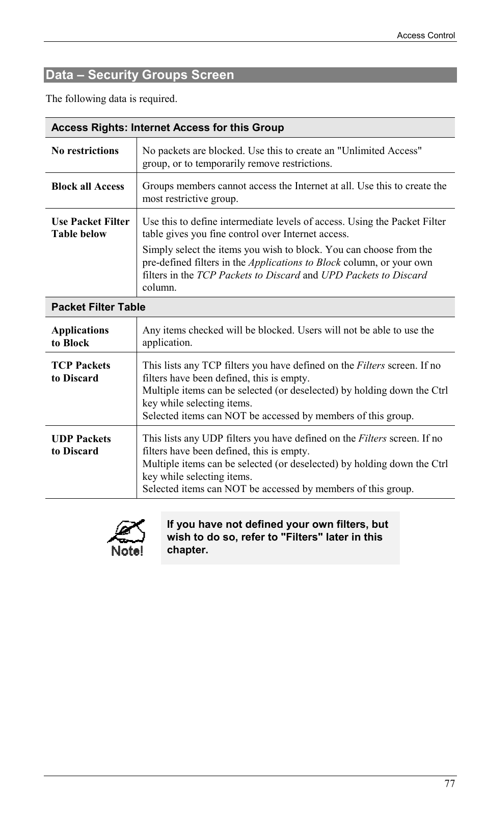 Data – security groups screen | Milan Technology MIL-W0311 User Manual | Page 80 / 100